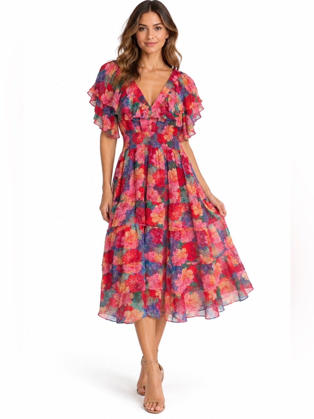 Gilner Farrar Floral Ruffle Smocked Waist Midi Dre